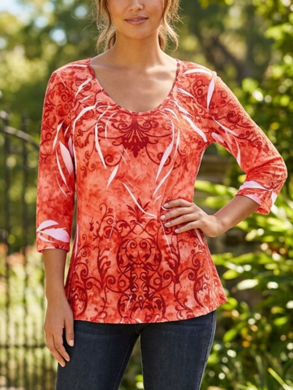 Jane Ashely  Burnt Orange 3/4 Sleeve Round Neck Tunic